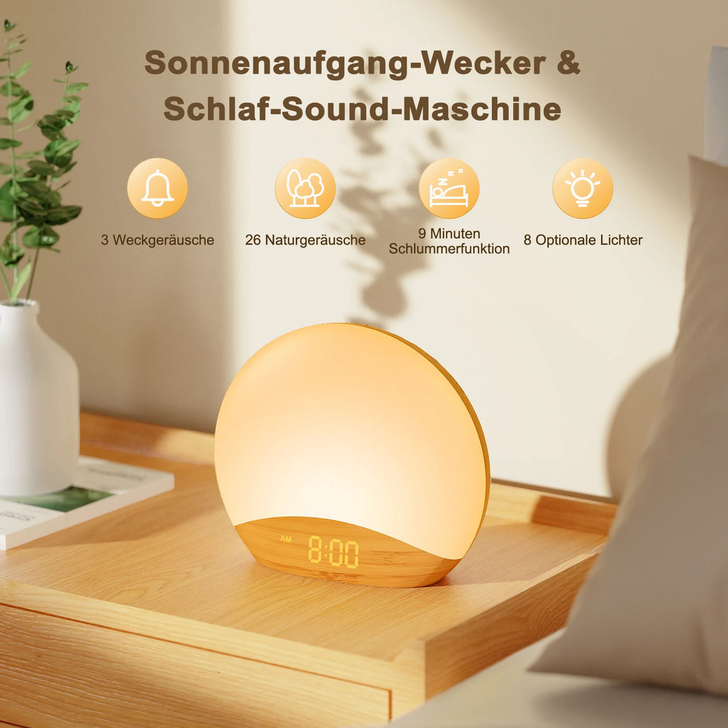 Sonnenaufgangs-Wecker aus Holz mit Naturklängen & Vogelgezwitscher