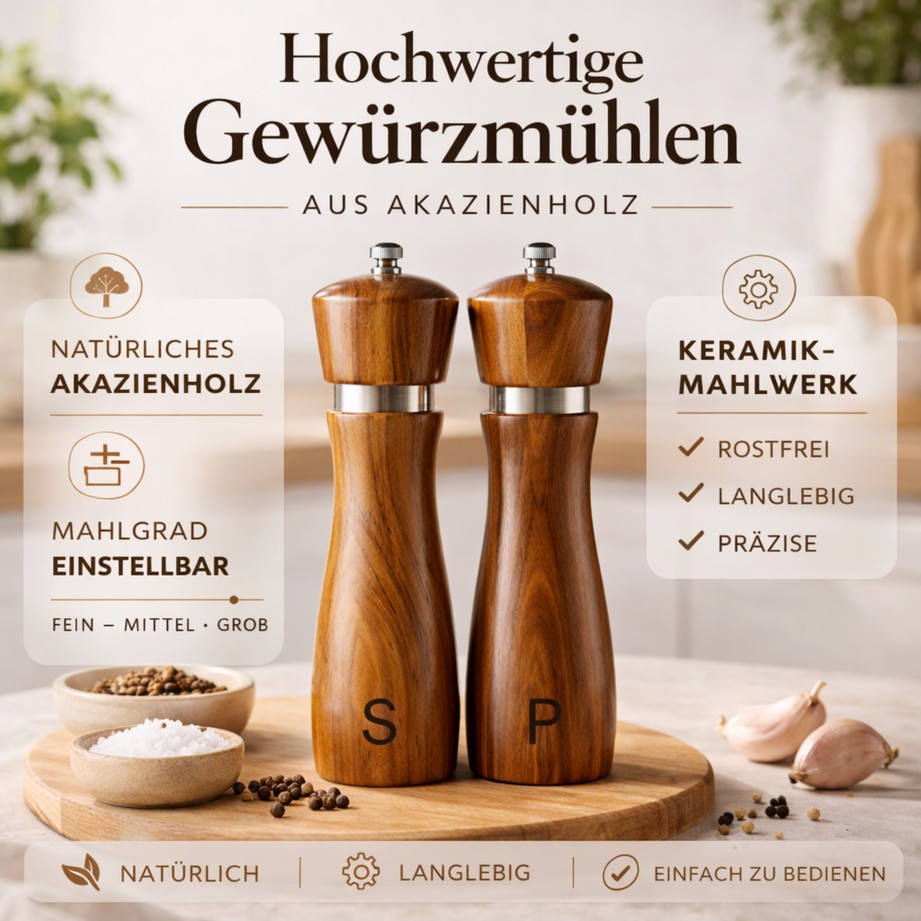 Hochwertiges Salz- & Pfeffermühlen Set aus Akazienholz
