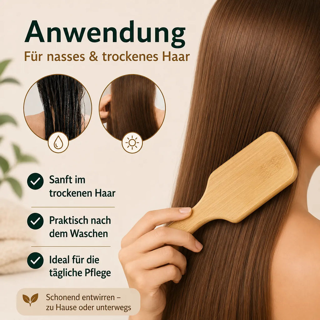 Bambus Haarbürste eckig | Antistatisch gegen Frizz & Ziepen