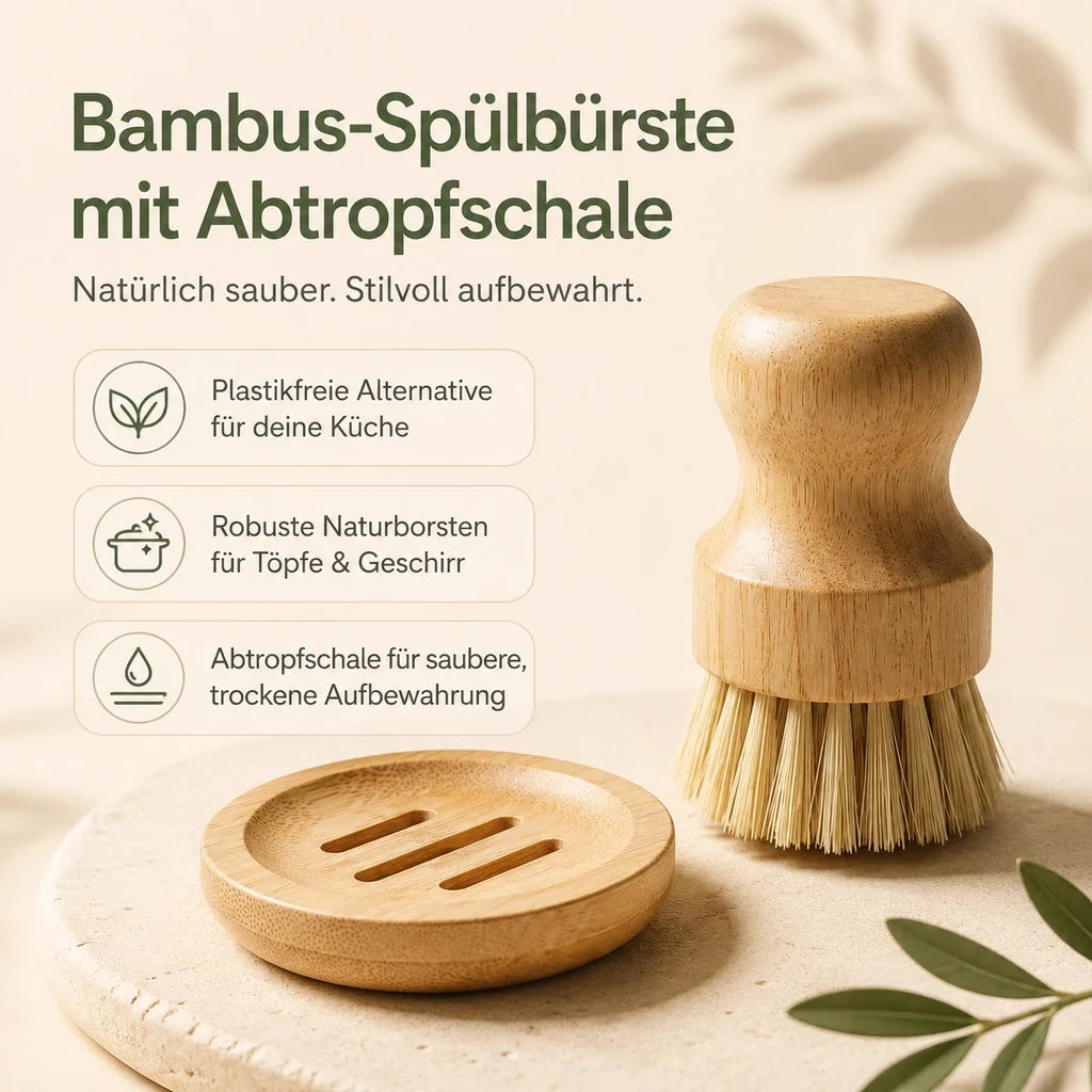Bambus Spülbürsten Set | 4-teilig mit Abtropfschalen