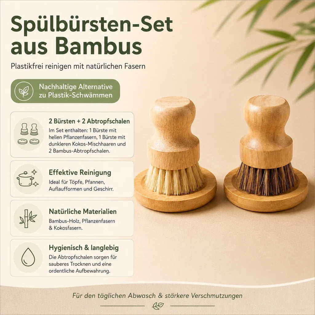Bambus Spülbürsten Set | 4-teilig mit Abtropfschalen