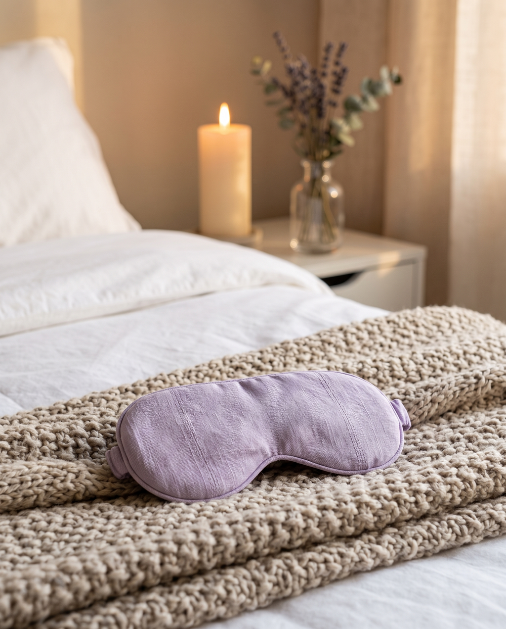 Lavendel-Augenmaske auf gemachtem Bett bei Kerzenlicht