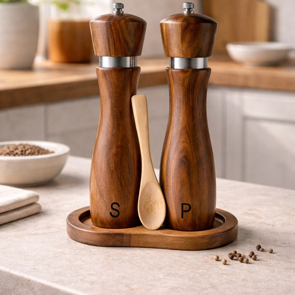 Holzbasis für Salz- & Pfeffermühlen + Bambuslöffel