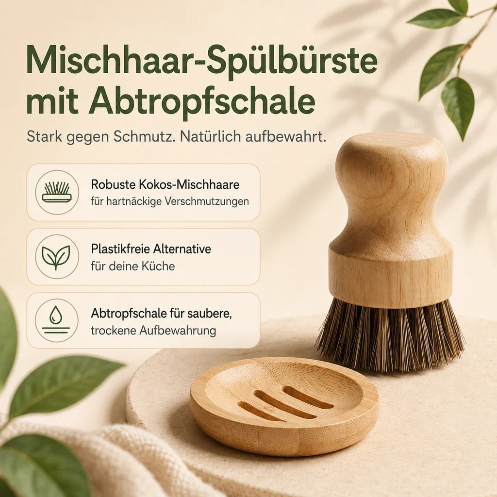 Bambus Spülbürsten Set | 4-teilig mit Abtropfschalen