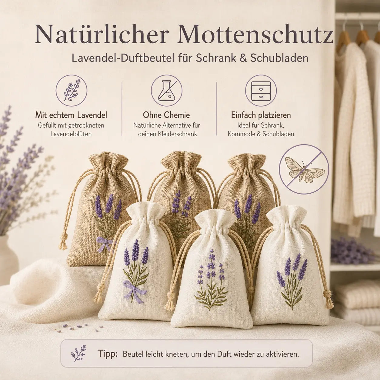 Lavendel Duftbeutel | Natürlicher Mottenschutz & Raumduft