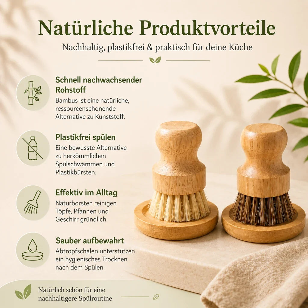 Bambus Spülbürsten Set | 4-teilig mit Abtropfschalen