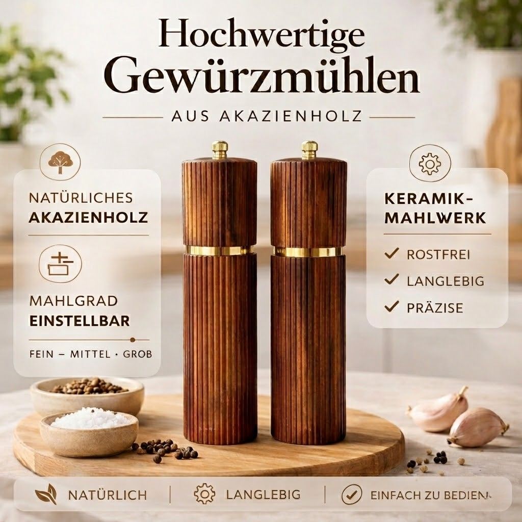 Edles Salz- & Pfeffermühlen Set aus Akazienholz