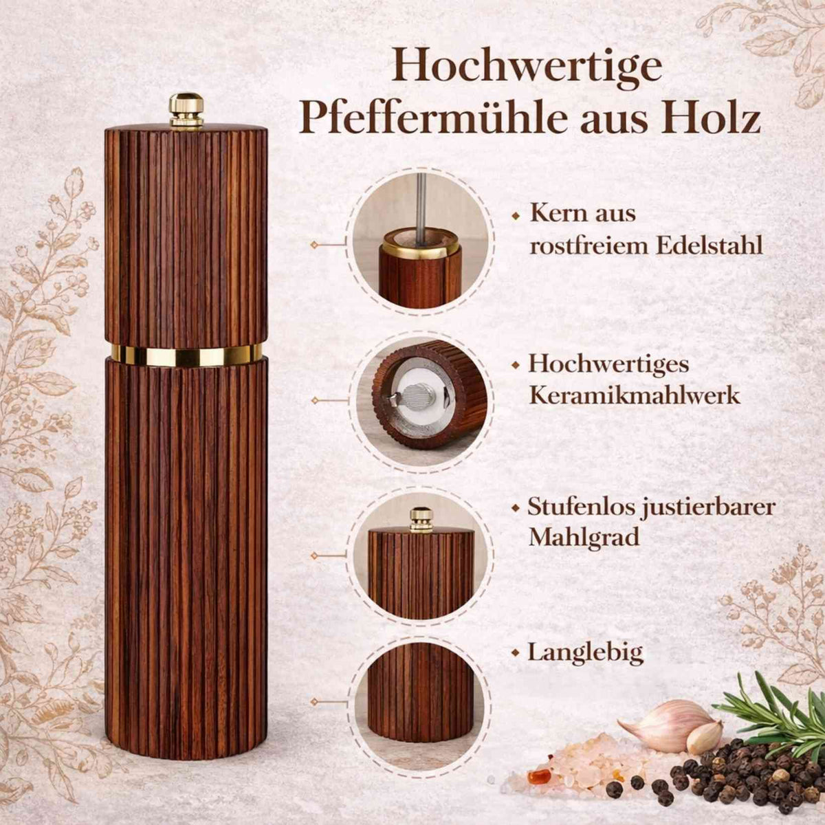 Edles Salz- & Pfeffermühlen Set aus Akazienholz
