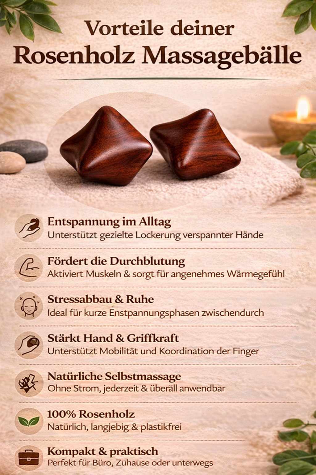 Rosenholz Massagebälle (2er Set) – Handmassage, Stressabbau & Entspannung