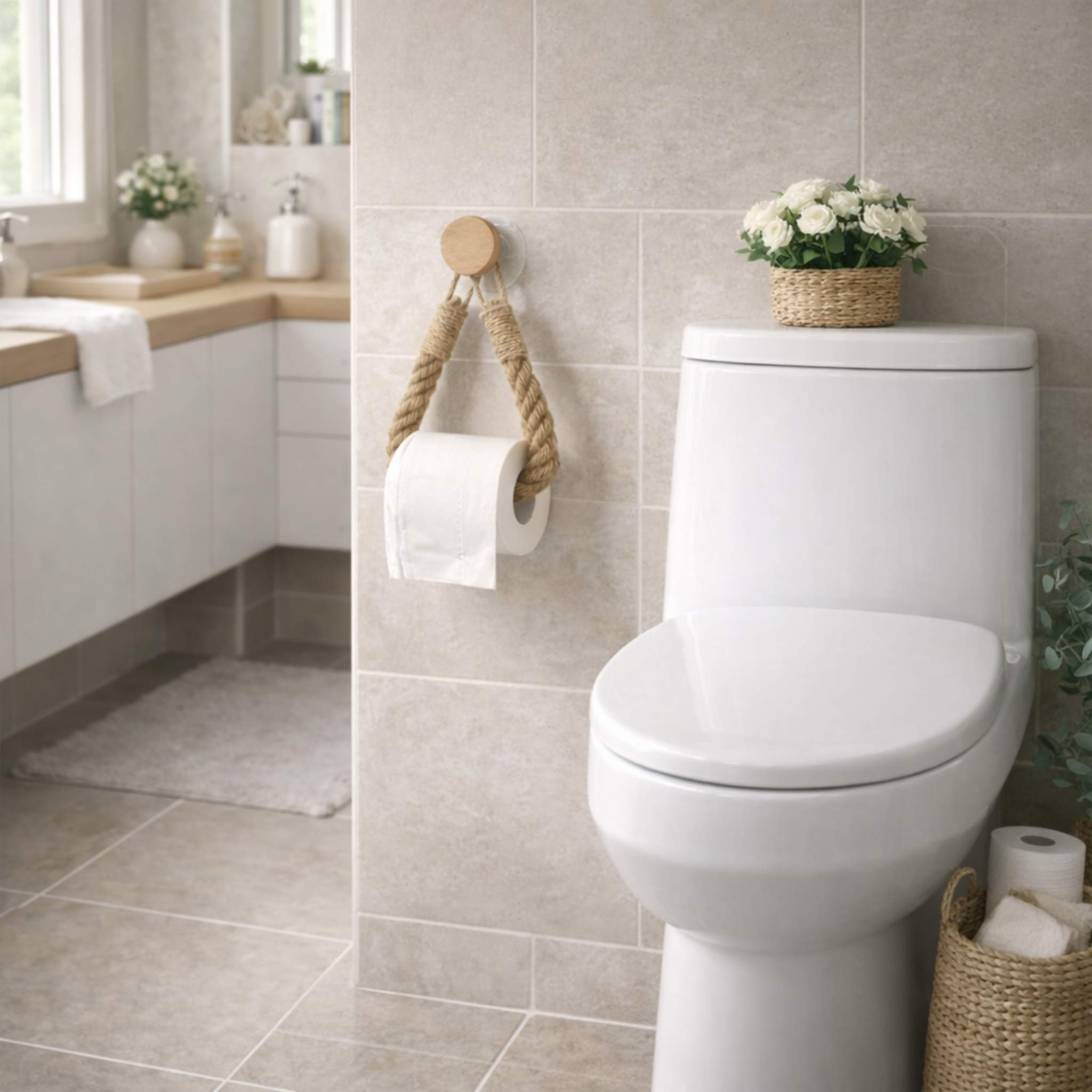 Toilettenpapierhalter ohne Bohren – Selbstklebend aus Holz & Naturseil